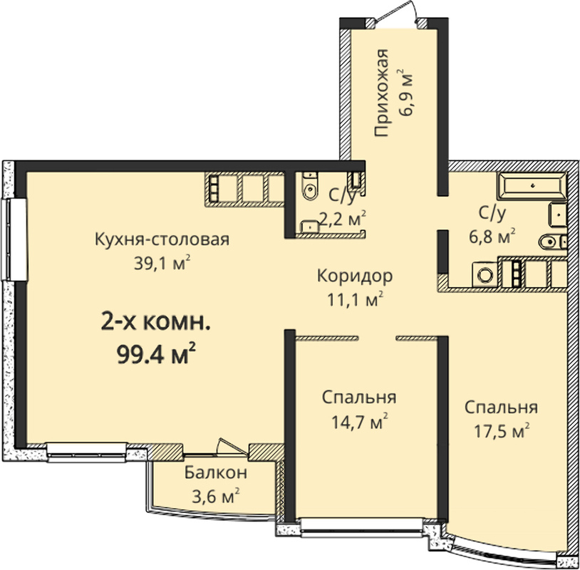 2- комнатная квартира в ЖК 4 Сезона от СК Будова.