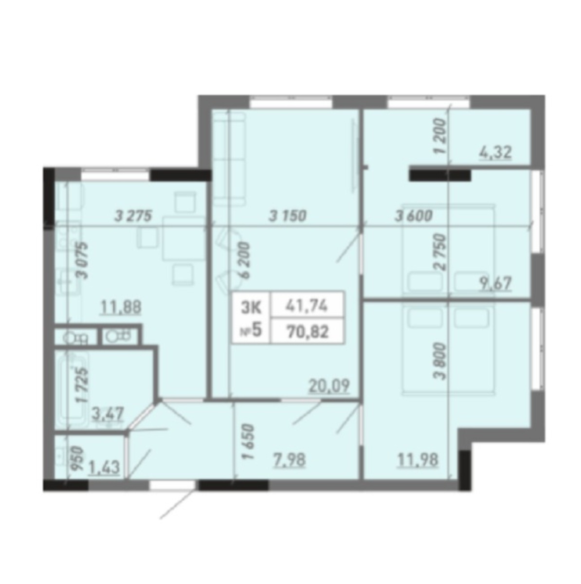 3-комнатная квартир в жилом комплексе Акварель-8